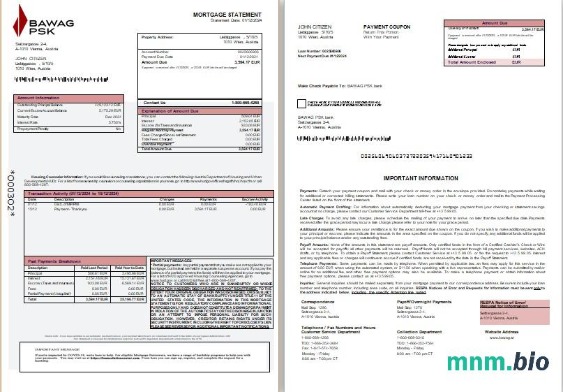 Austria Bank BAWAG PSK wyciąg z kredytu hipotecznego, 3 strony, 1-2